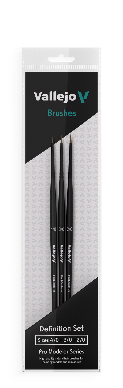 Vallejo Hobby Brushes: Pro Modeler Definition Set - Natural Hair (Sizes 4/0, 3/0 & 2/0)