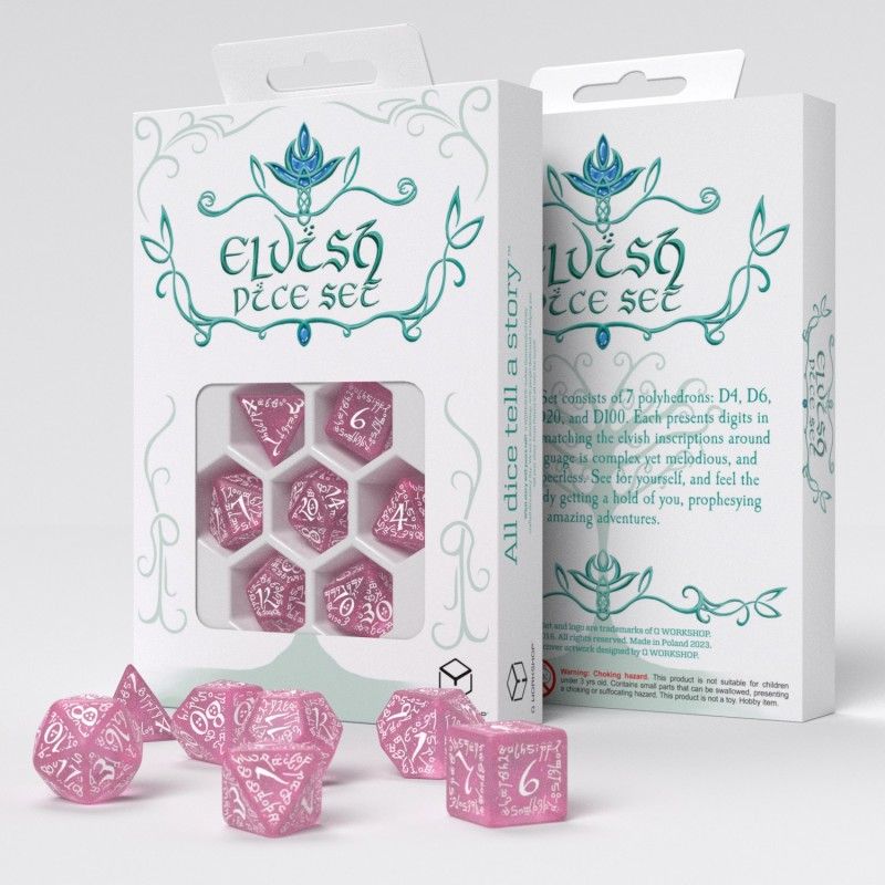 Q Workshop: Elvish Dice Set - Shimmering Pink & White Dice (Set 7)