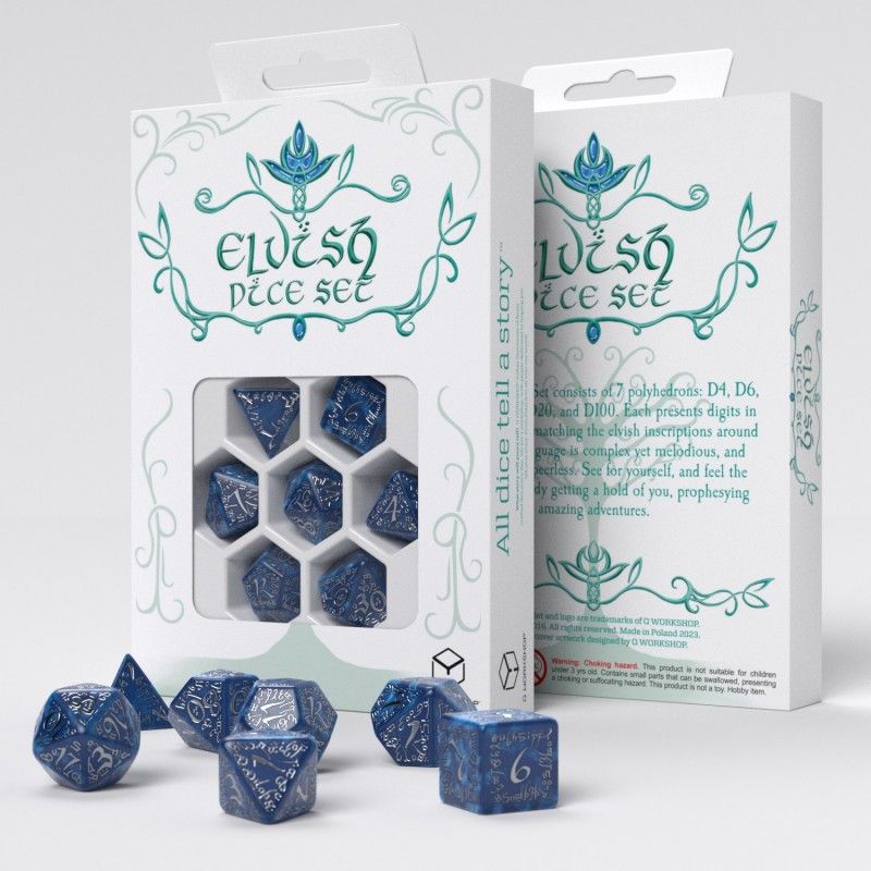 Q Workshop: Elvish Dice Set - Cobalt & Silver Dice (Set 7)