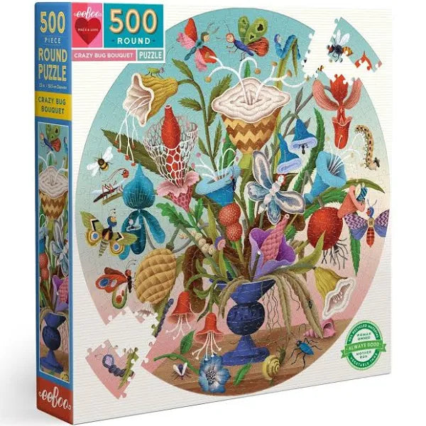 Eeboo: Crazy Bug Bouquet 500pc Round Puzzle